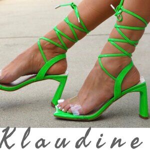 Neon Green Lace-Up Heels – Clear Strap Square Toe Sandals (All Sizes)